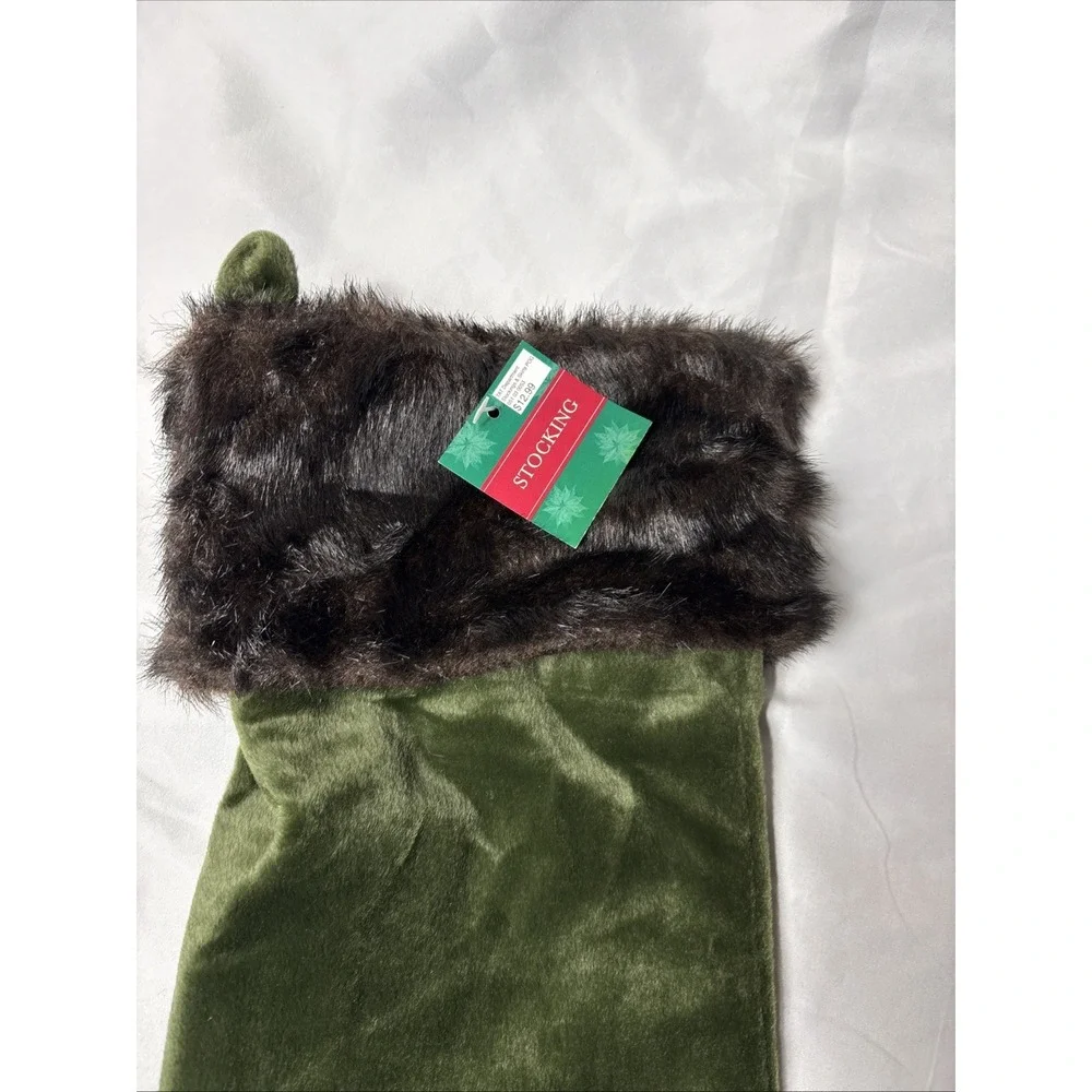 NEW OLIVE‎ GREEN CHRISTMAS STOCKING BROWN FAUX FUR CUFF 18